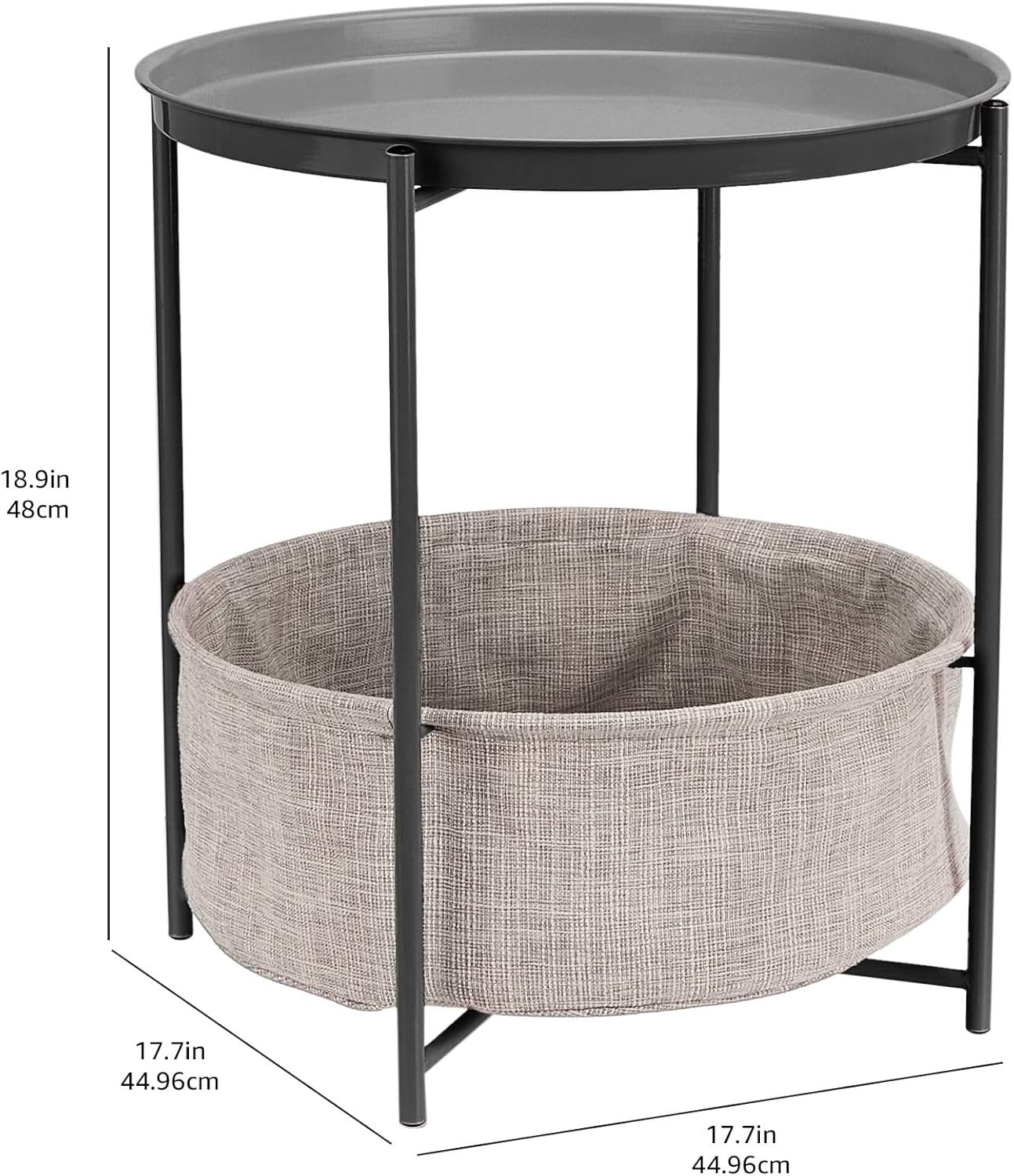 Round Storage End Table Charcoal Grey with Fabric Bin 45x45x48cm Modern