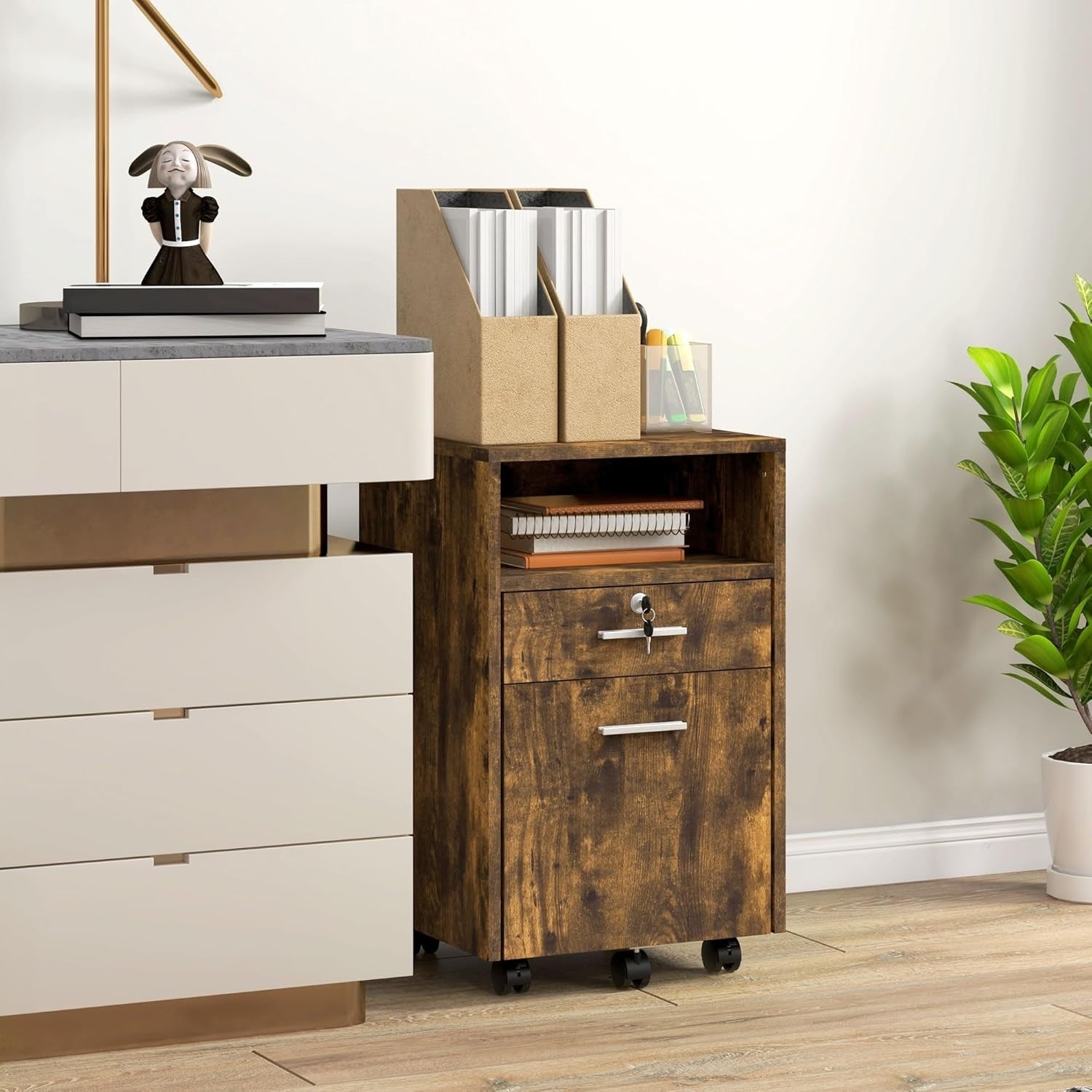 Rustic Brown Mobile File Cabinet 39x40x65cm Lockable A4 Letter