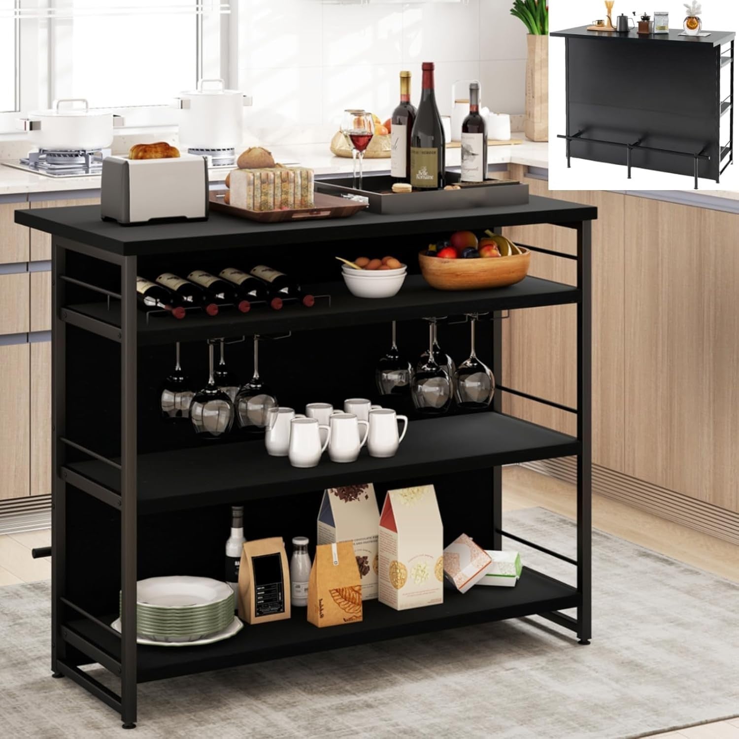 Industrial Kitchen Island Bar Table with Wine Rack, Shelves & Glass Holder