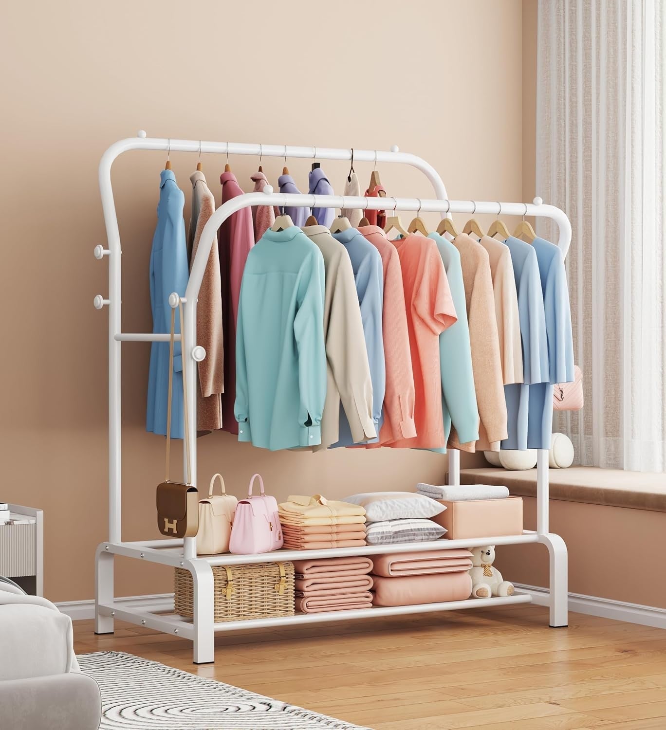 Heavy Duty Double Clothes Rail with Shelf & Hooks – White