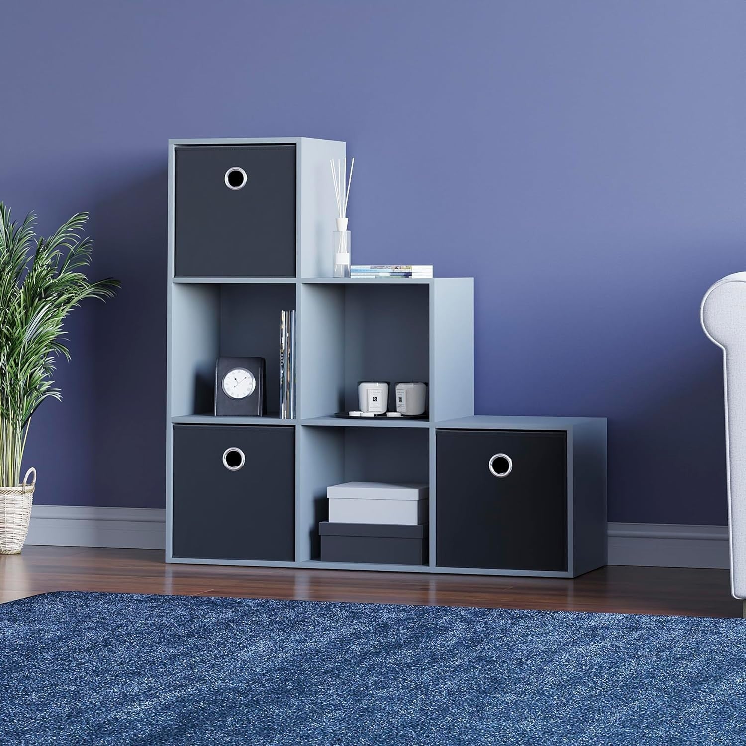 6 Cube Grey Staircase Storage Shelf with 3 Black Baskets – Modern Organiser