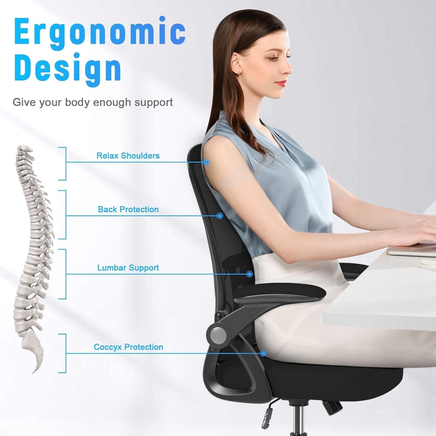 Ergonomic Mesh Office Chair Flip-up Arms Lumbar Support Rolling Black Home Desk