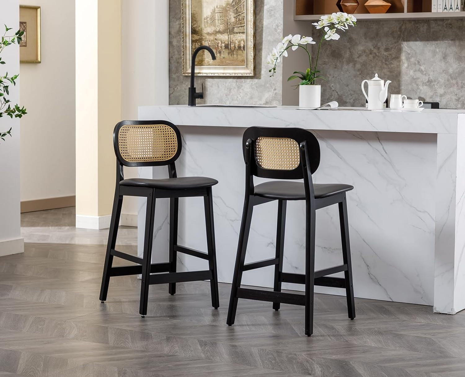 Ergonomic PU Leather Bar Stools with Rattan Backrest & Solid Wood Frame
