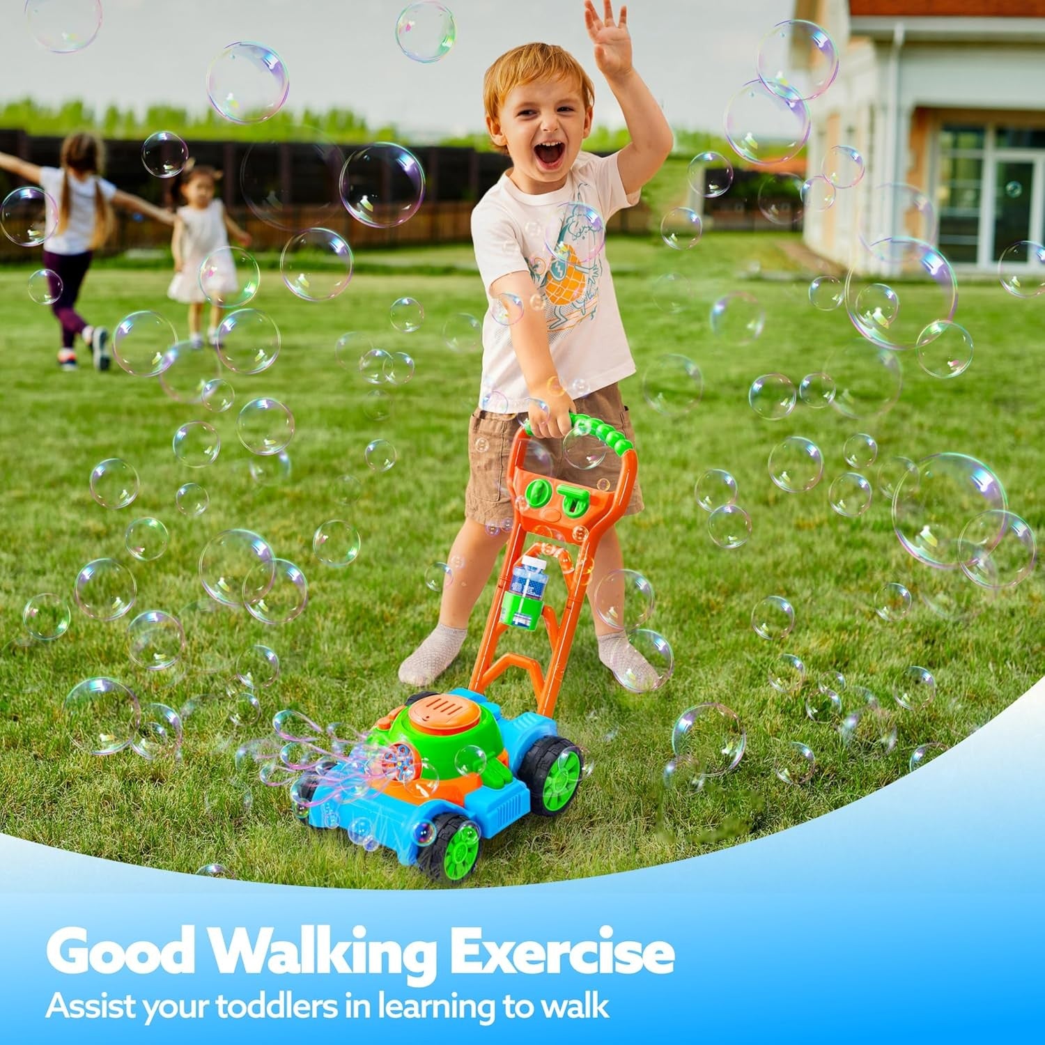 Bubble Lawn Mower Toddler Push Toy Outdoor Bubble Machine Blue Kids