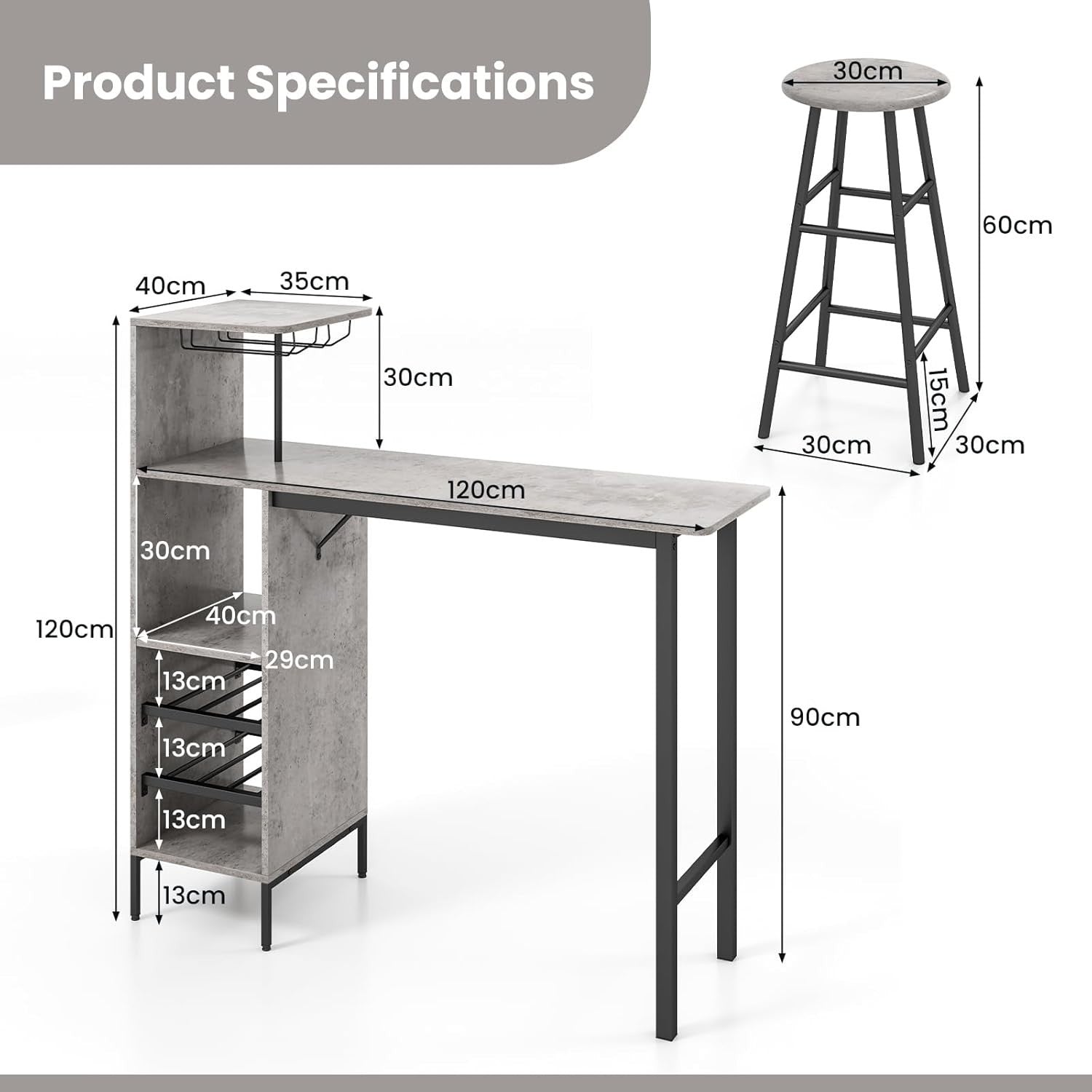 3-Piece Bar Table Set Wine Rack, Glass Holders & Shelves, Grey Industrial Dining