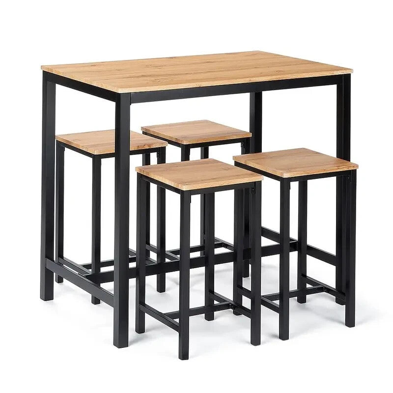 5 Piece Bar Table Set Black Metal Frame & Wood Top with 4 Breakfast Stools