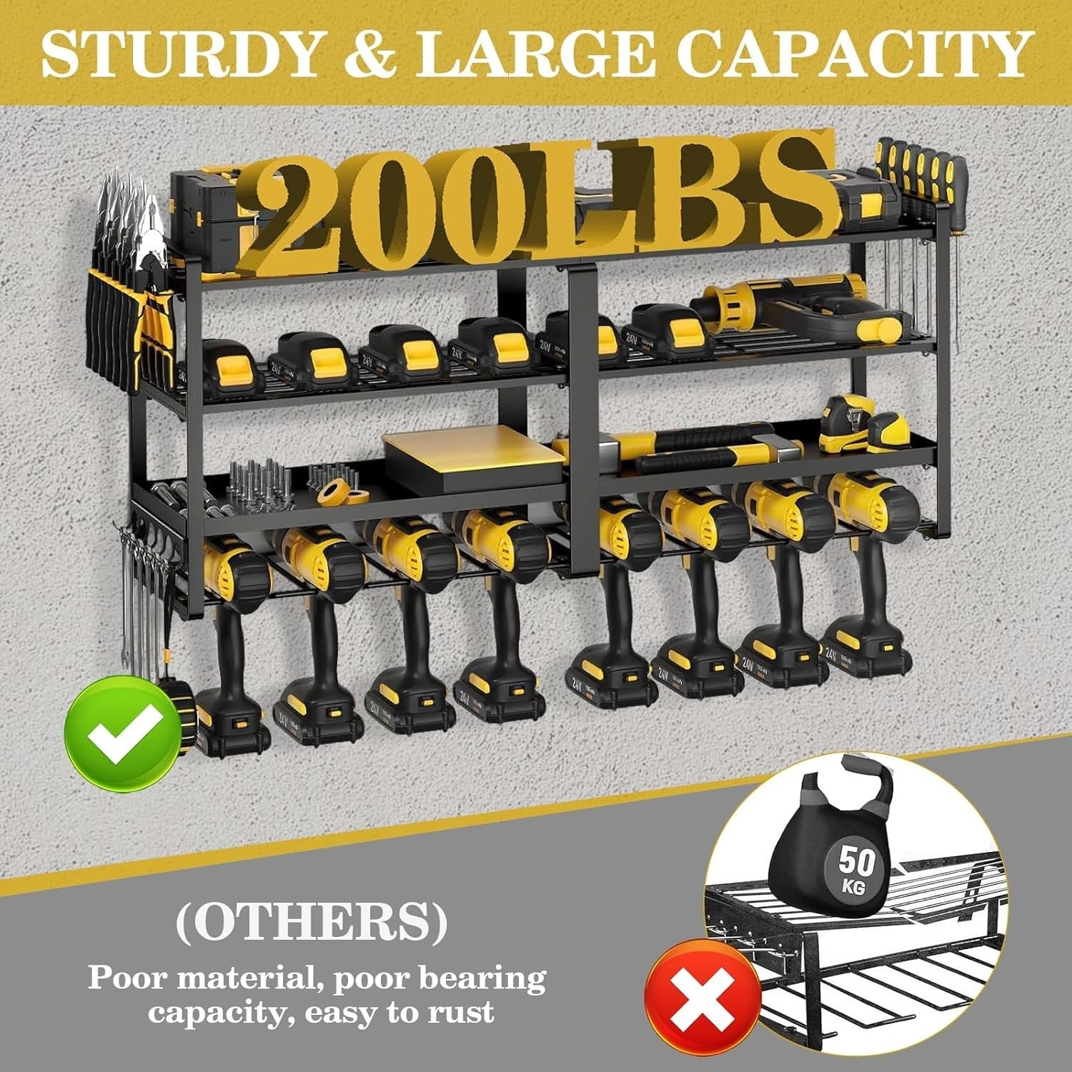 Wall Mount Power Tool Organizer 8 Drill Holders 4 Layers – 200Lbs Load