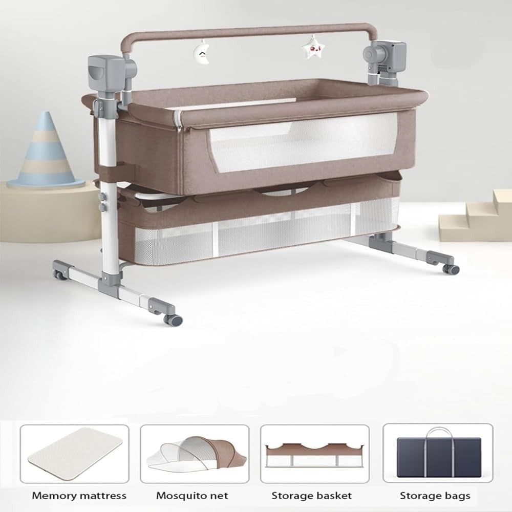 Adjustable Baby Bedside Crib Electric Co-Sleeper with Mattress & Storage Khaki
