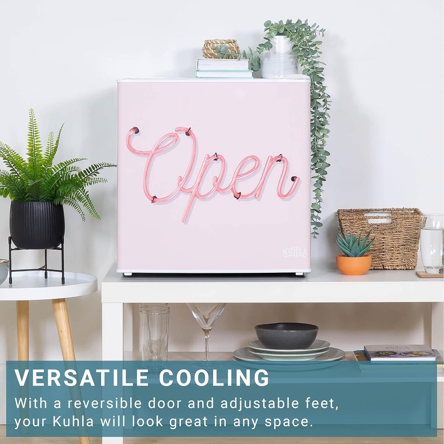 45L Mini Fridge Open Pink Design Countertop Drinks Cooler Adjustable Shelves