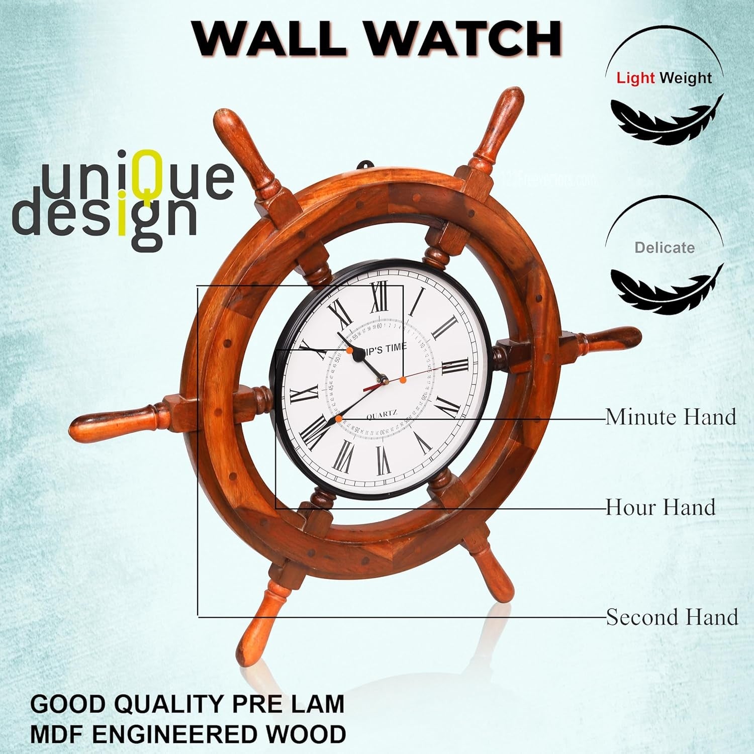 Nautical Wooden Ship Wheel Clock 24" Rustic Maritime Wall Decor Brass Center