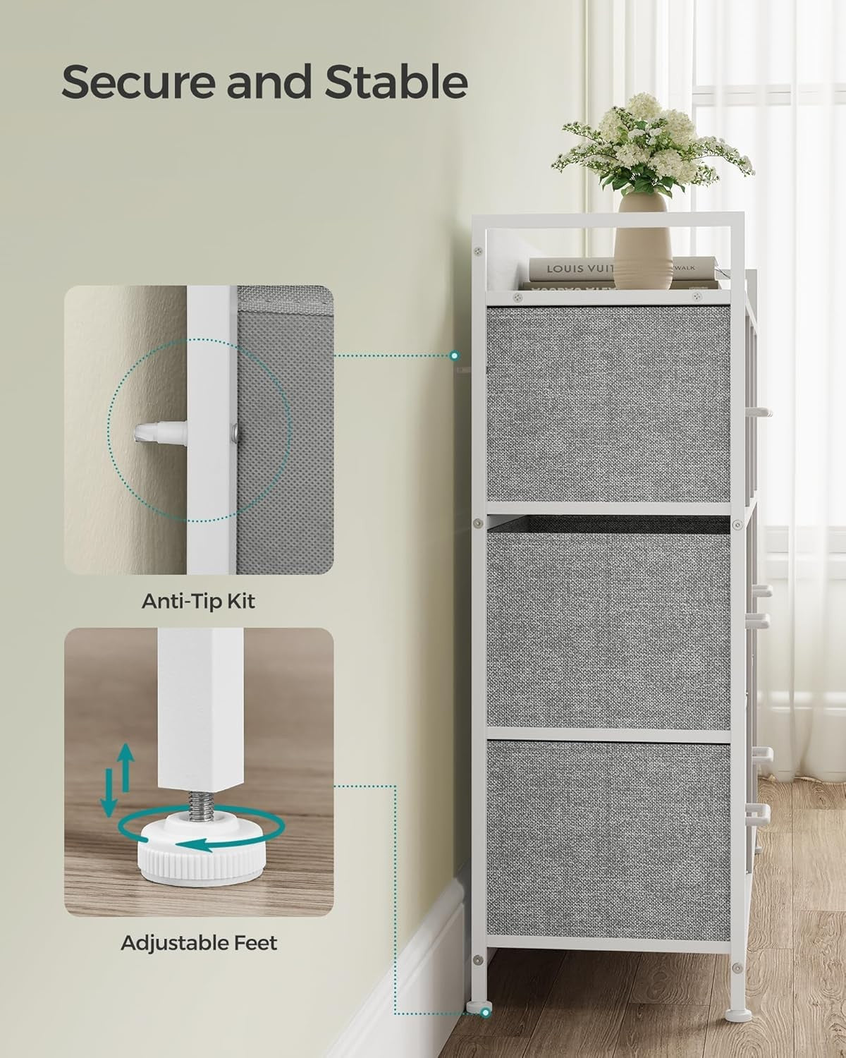 7 Drawer Chest Dove Grey White Fabric Storage Cabinet Bedroom Dresser