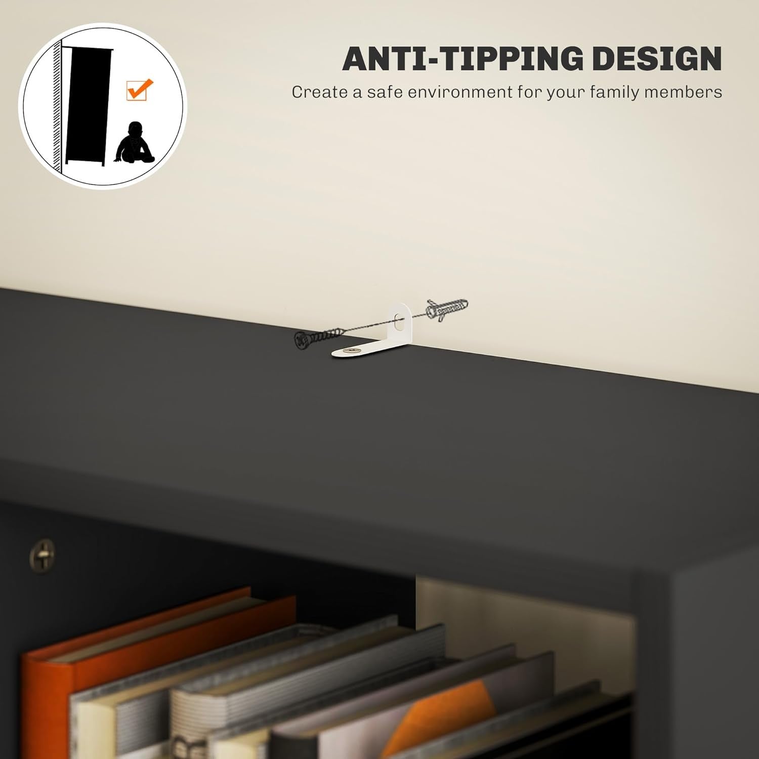 Tall Black Bookcase with Drawer & Open Shelves – Modern Freestanding Storage