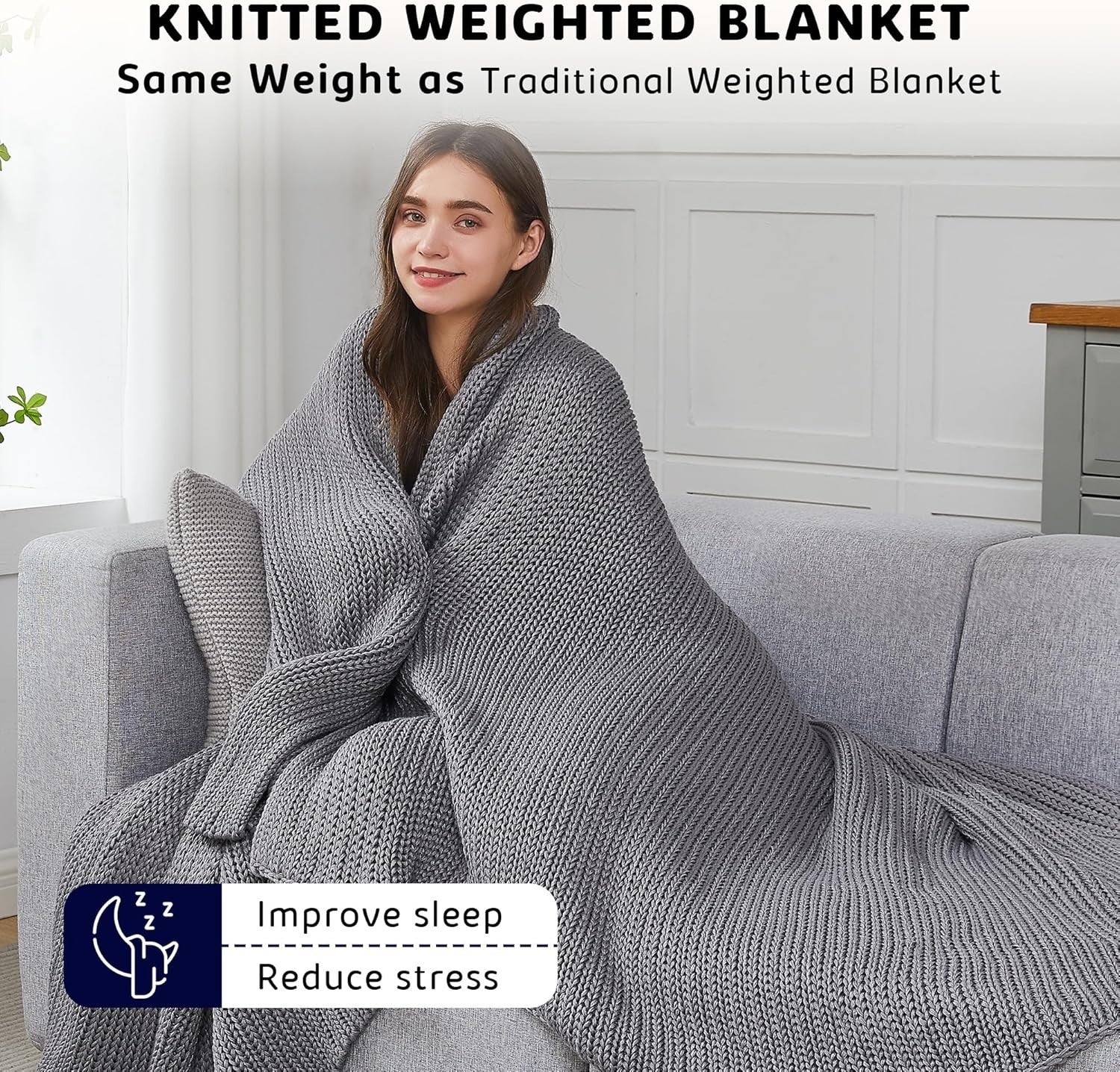 Knitted Weighted Blanket 15lbs Light Grey Chunky Knit Heavy Throw 60"x80"