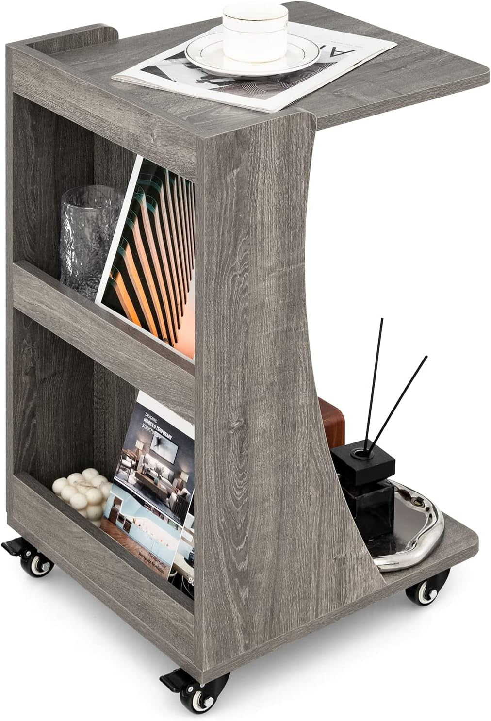 Modern C-Shaped Mobile Side Table with Wheels, Storage Shelves & Compact Design