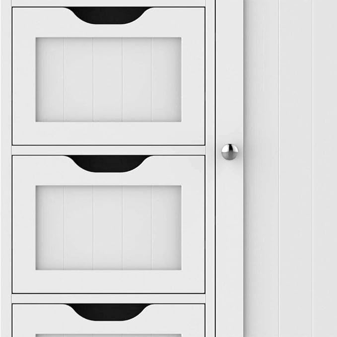 White Wooden Bathroom Cabinet with 4 Drawers & 1 Door, Floor Storage Cupboard
