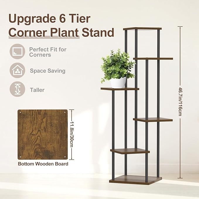 6 Tier Tall Metal Wood Plant Stand Indoor Outdoor Corner Display Shelf Rack