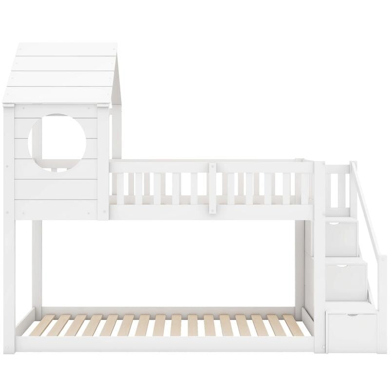 Kids White Wooden Bunk Bed with Storage Ladder 3FT Playhouse Cabin Bed Frame