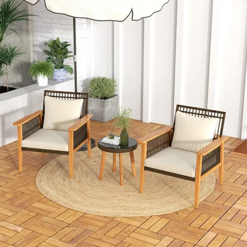 3pc Acacia Patio Chair Set with Cushions & Table – Outdoor Garden Rattan