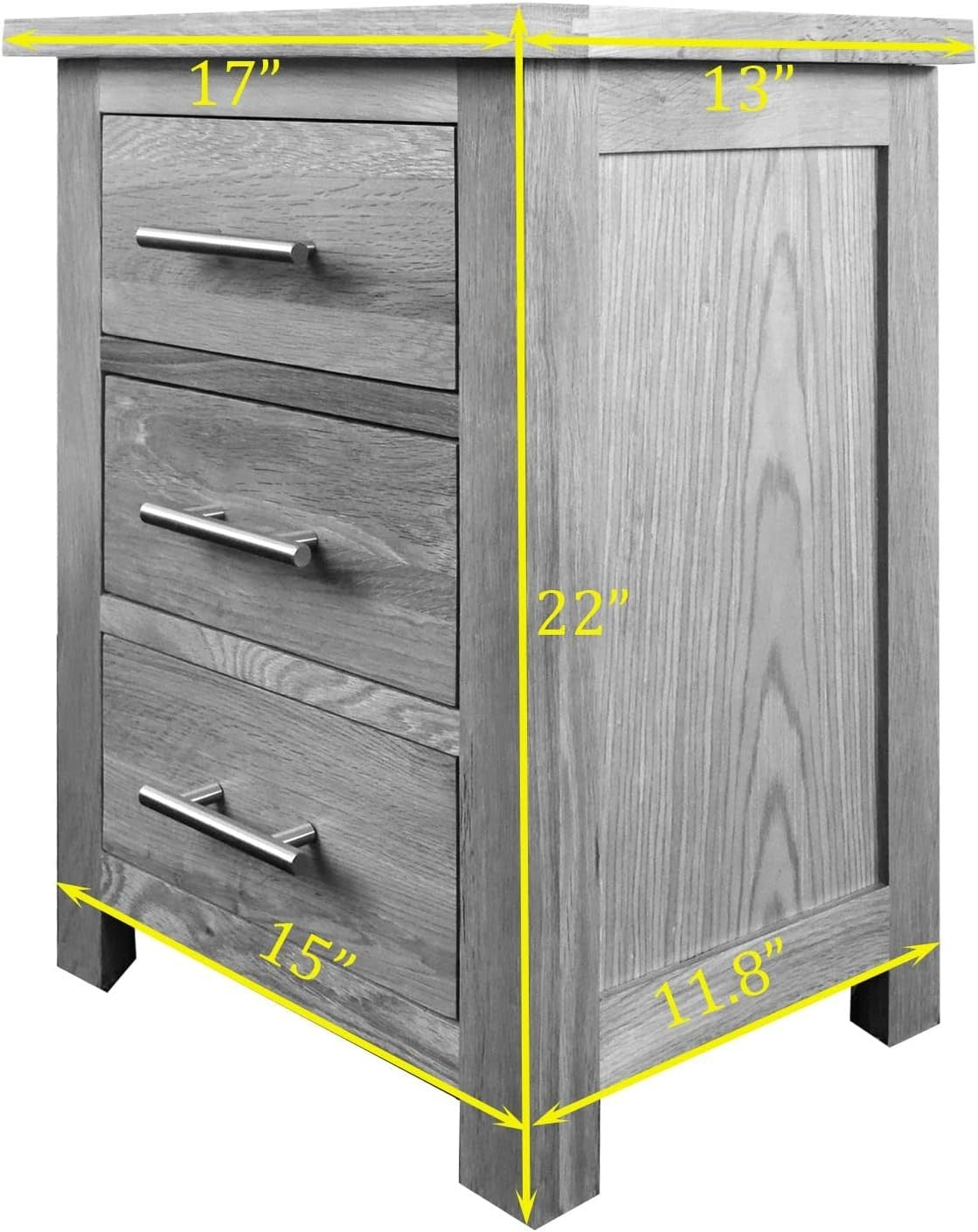 Solid Oak Wood Bedside Table with 3 Drawers, Light Oak Finish 56x42x32cm
