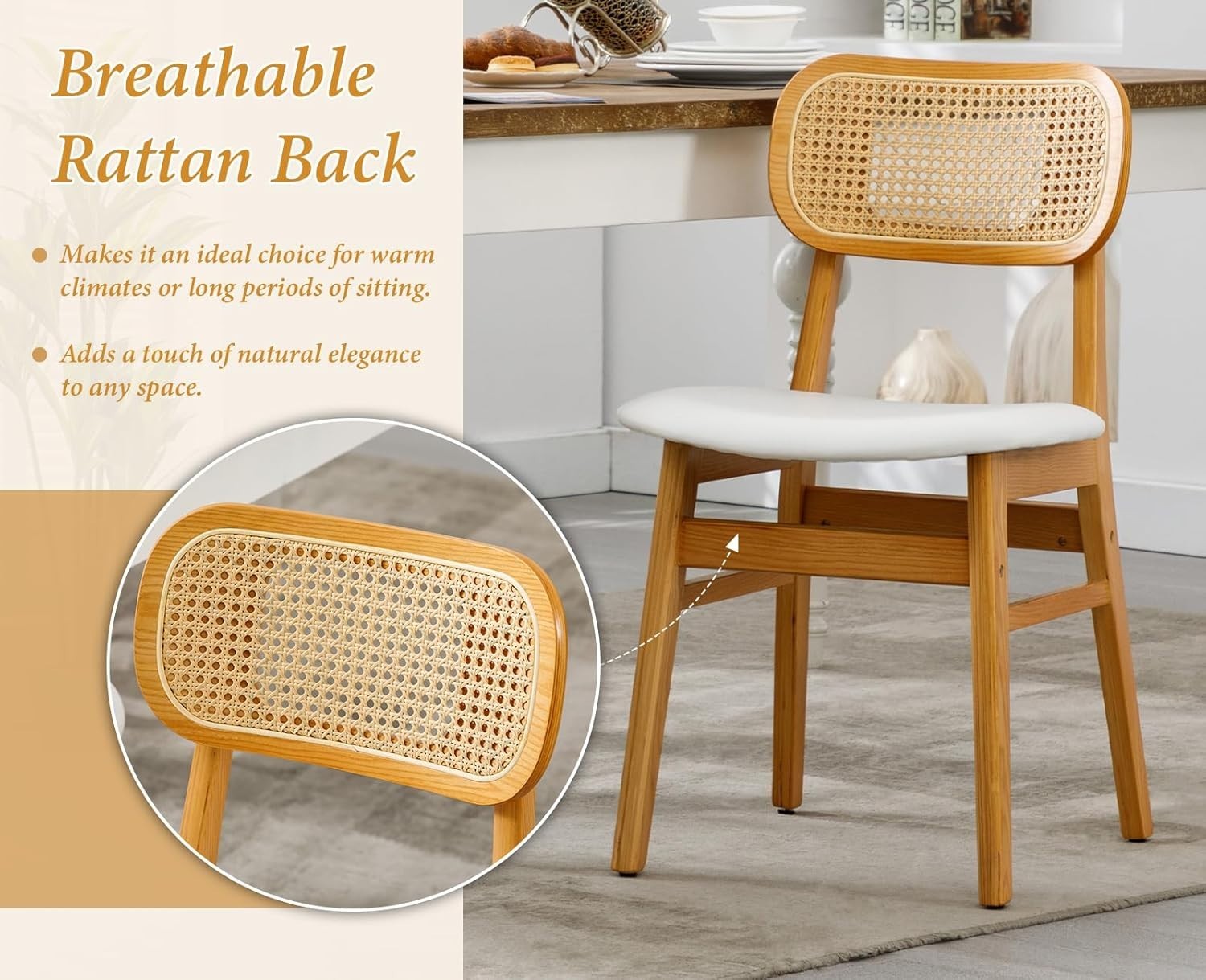 White Rattan Dining Chairs Set of 4 Upholstered Wooden Kitchen Chairs