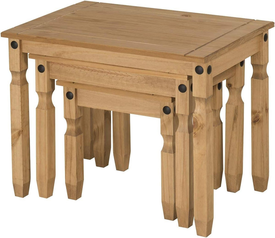 Solid Pine Wood Nest of 3 Tables Contemporary Waxed Finish Light Fiesta