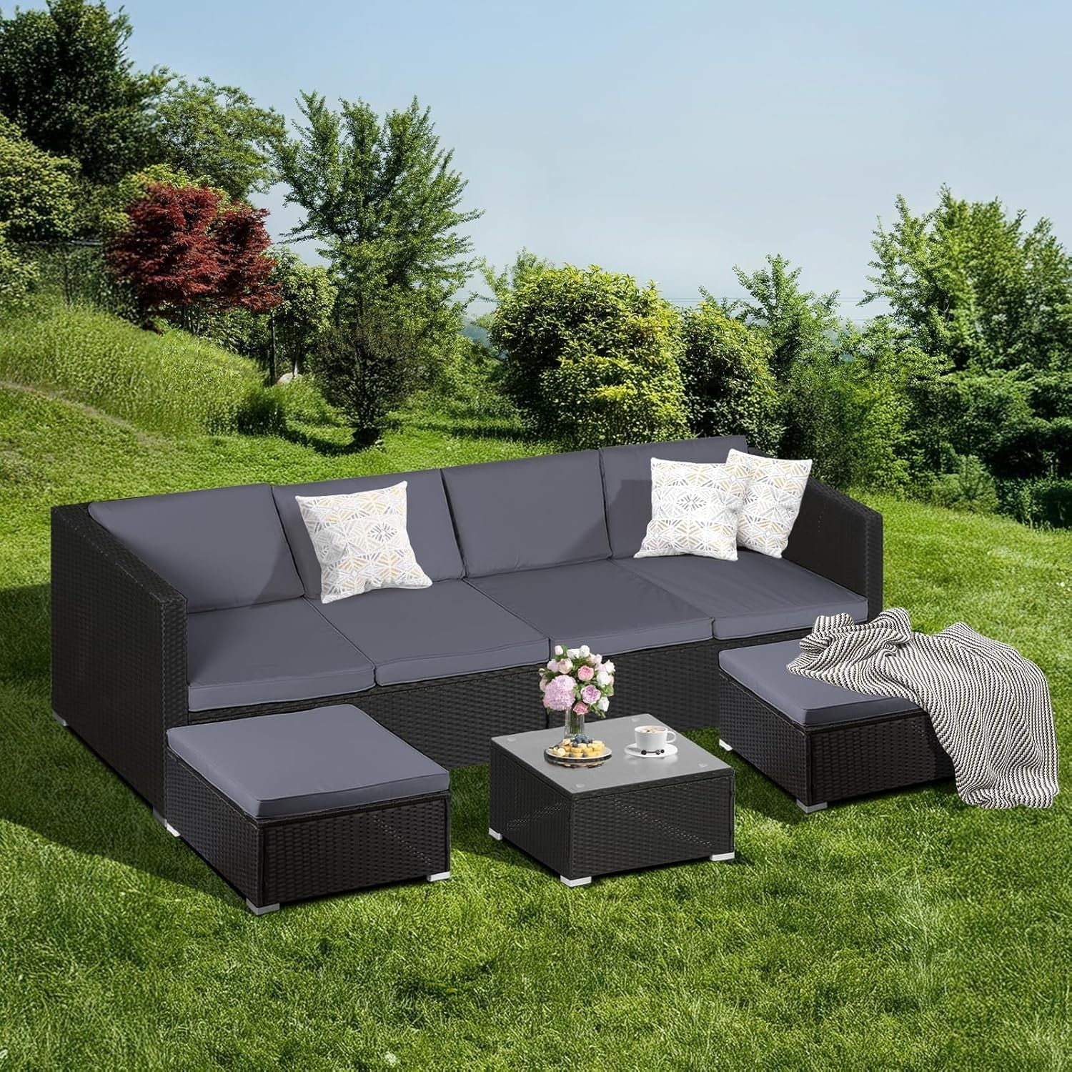 6 Seater Rattan Garden Sofa Set with Table & Stools – Weatherproof Patio
