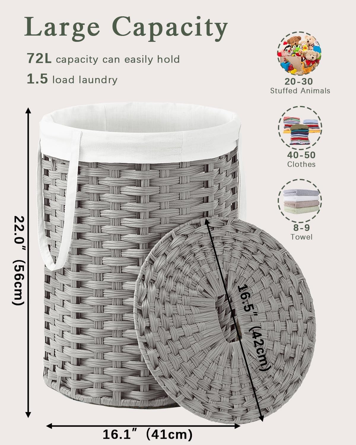 72L Grey Round Wicker Laundry Basket with Lid Handwoven Rattan Hamper