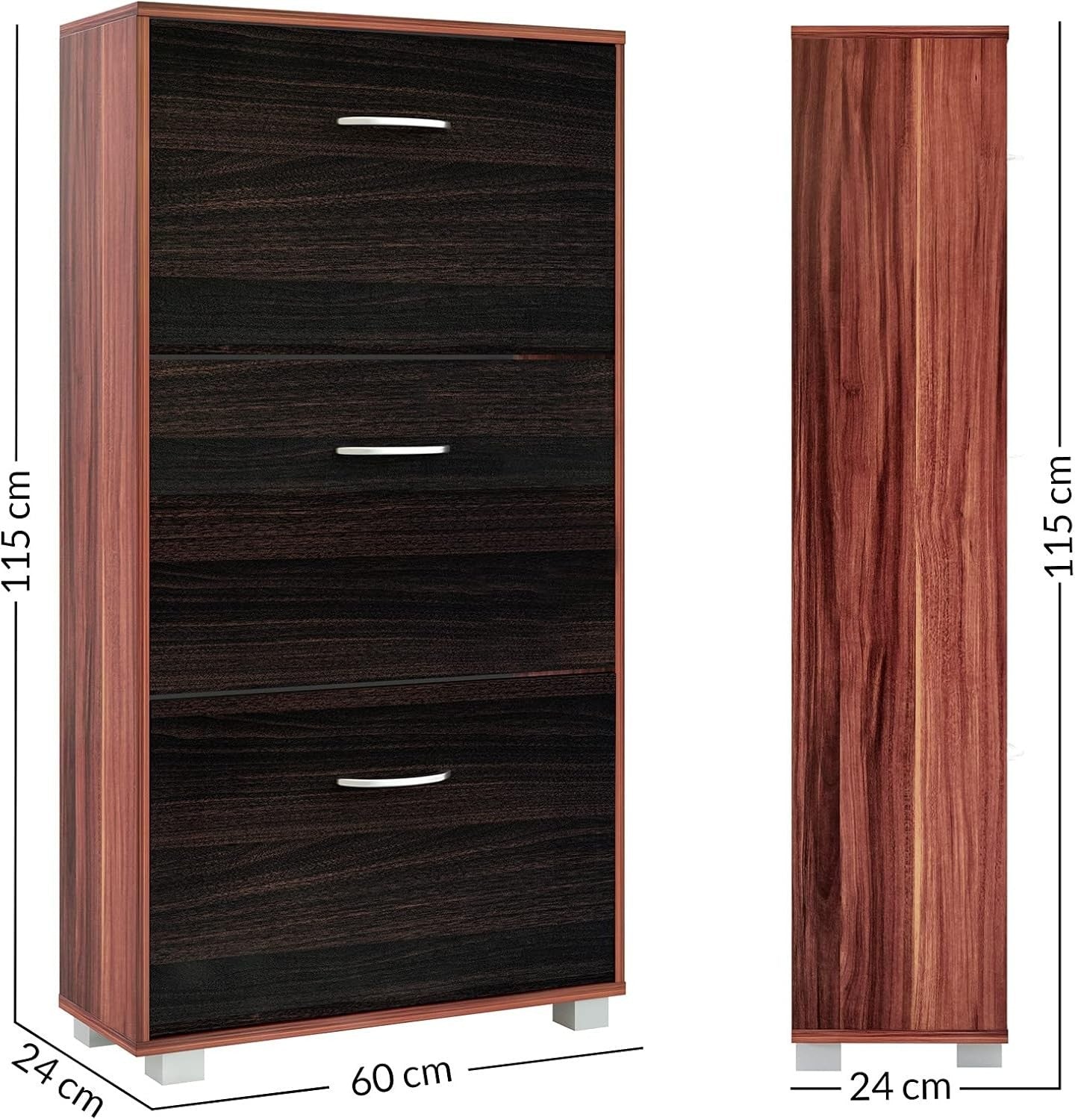 3 Door Shoe Storage Cabinet Wenge Black | Slim Modern Hallway Cupboard 115x60x24