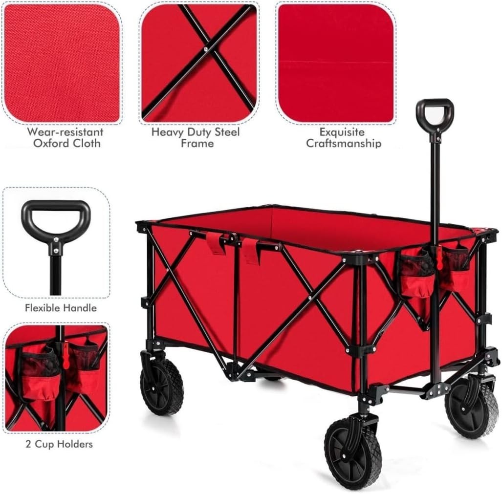 Red Foldable Wagon Cart Collapsible Garden Trailer w/ Adjustable Handle