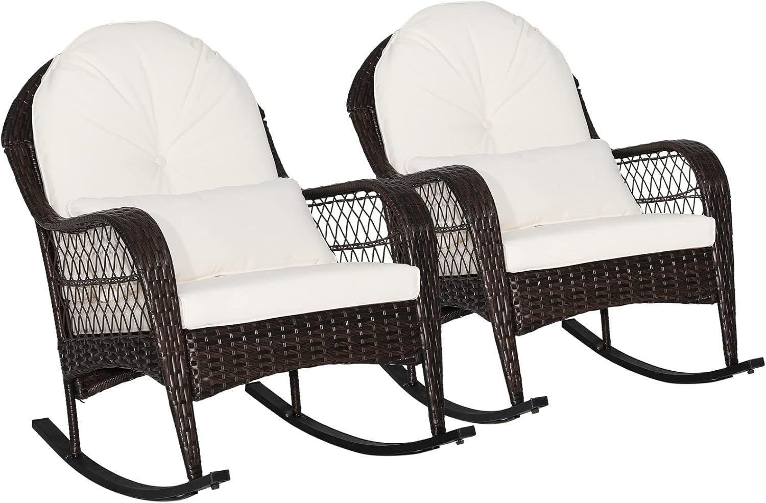 White Rattan Rocking Chair Cushioned Patio Garden Porch Outdoor Relax Armchair