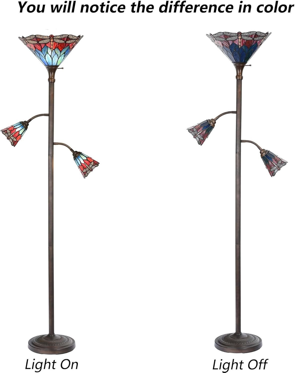 Adjustable 3-Light Stained Glass Floor Lamp, 70" Tall, Reading Light