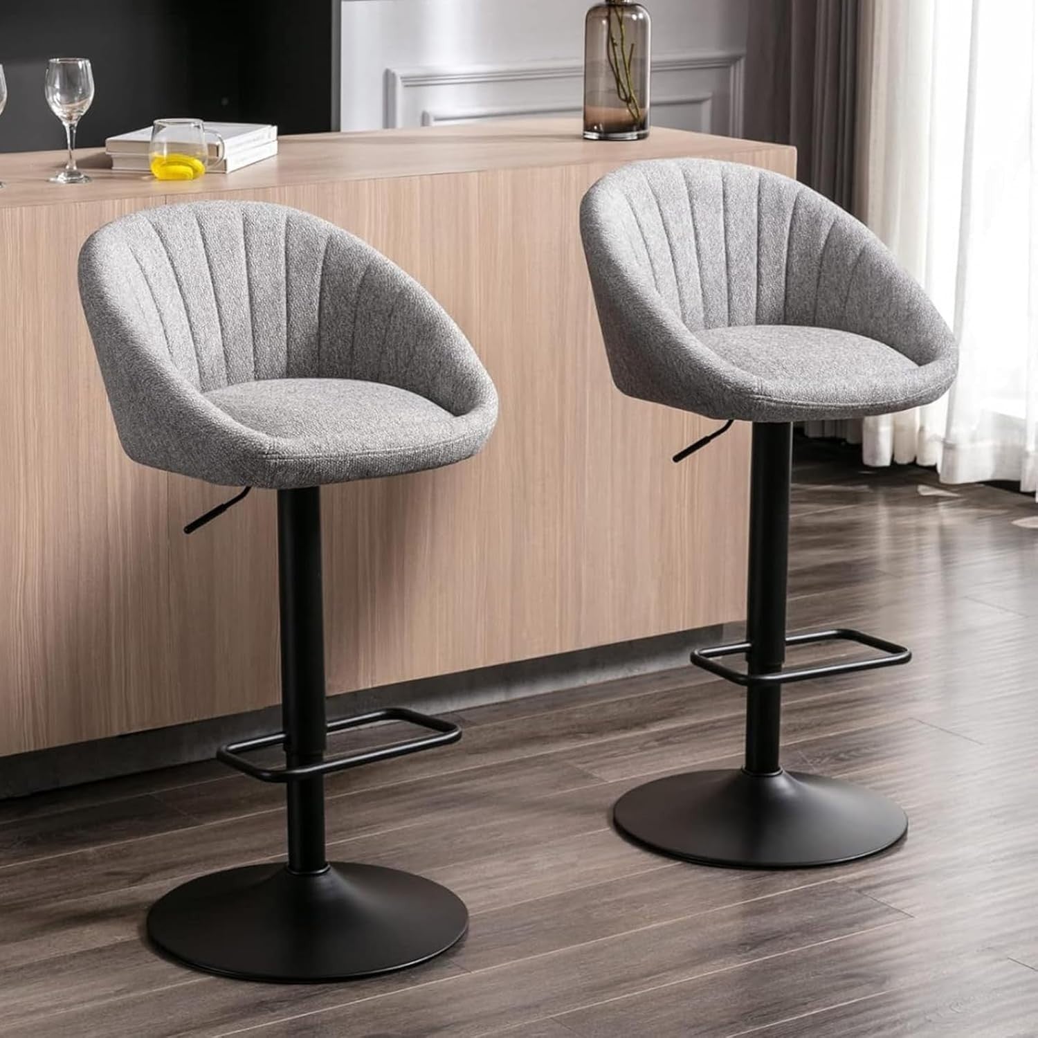 Set of 2 Grey Polyester Bar Stools Adjustable Swivel Counter Chairs
