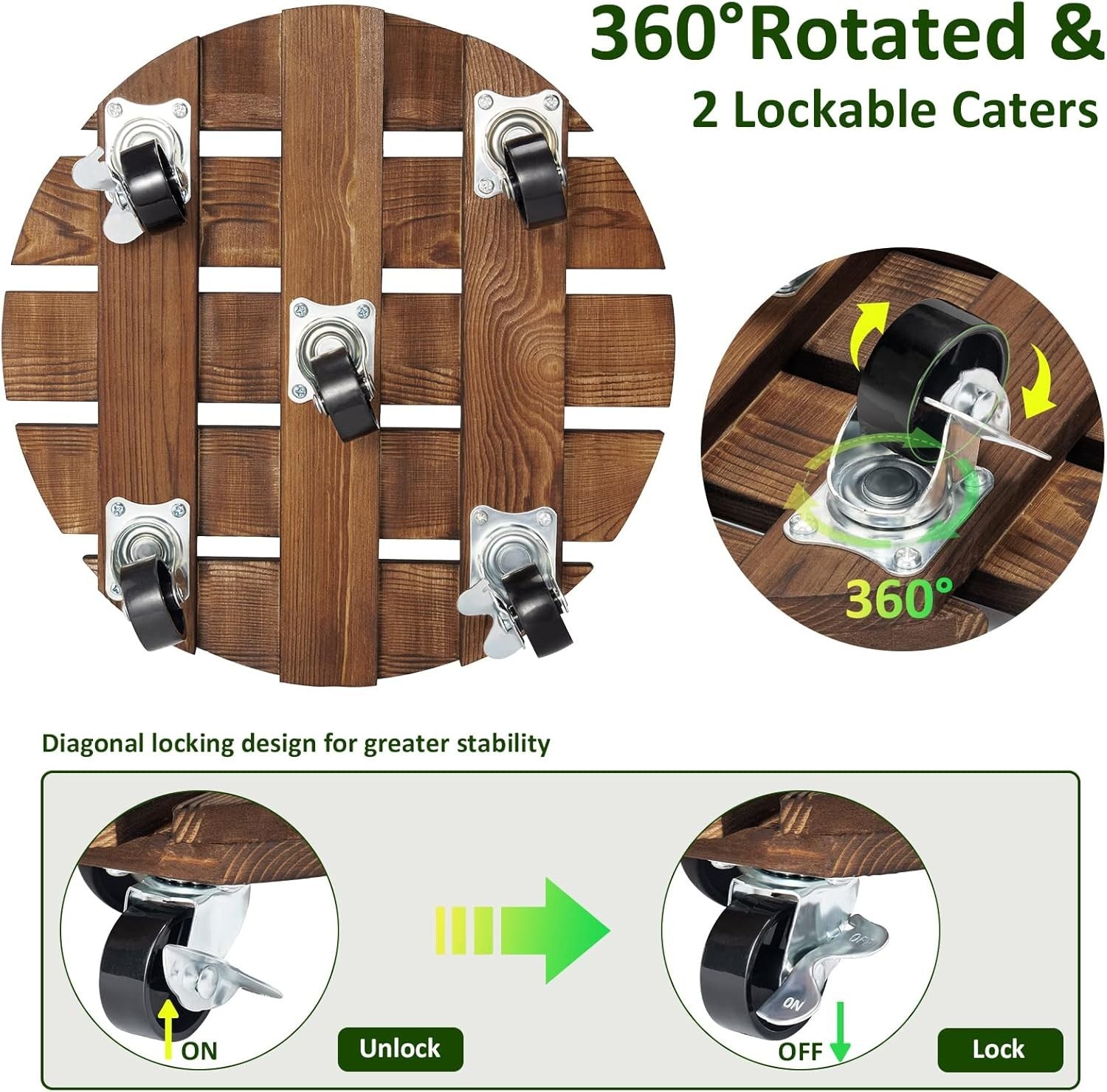 2 Pack Wood Plant Caddy with Wheels, 12" Rolling Flower Pot Stand Indoor Outdoor