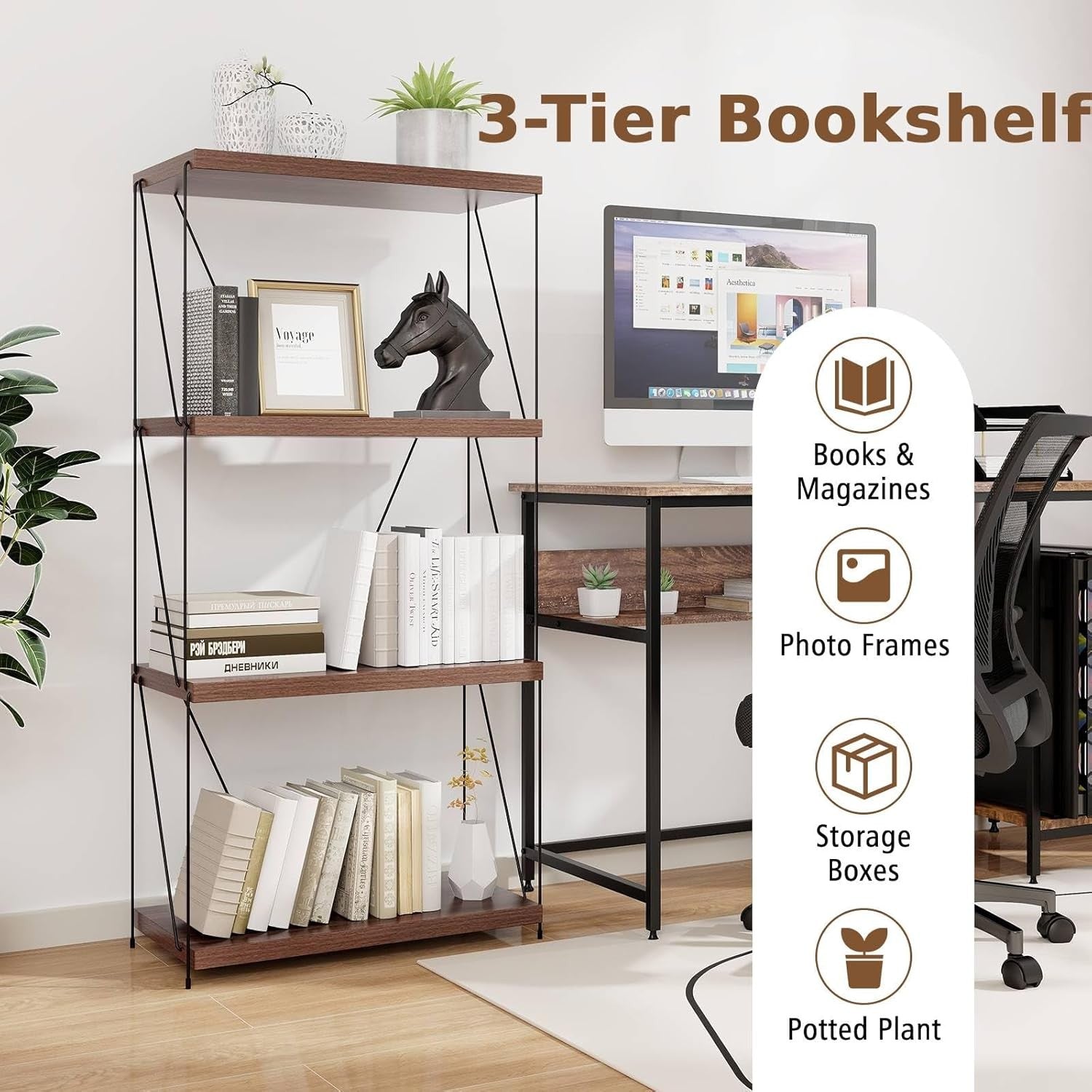 4-Tier Industrial Bookshelf Metal Frame Rustic Wood Storage Display Unit