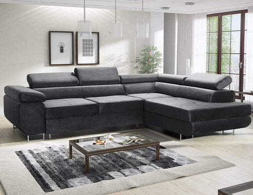 Grey Corner Sofa Bed with Storage, Adjustable Headrests, Modern L Shape