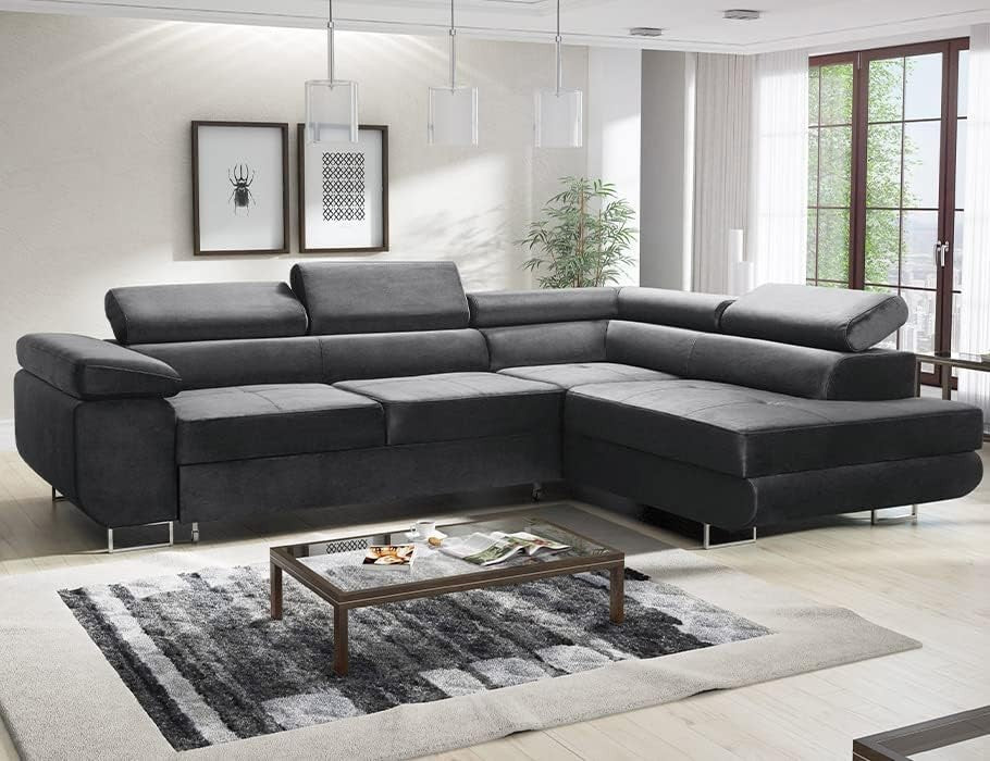 Grey Corner Sofa Bed with Storage, Adjustable Headrests, Modern L Shape