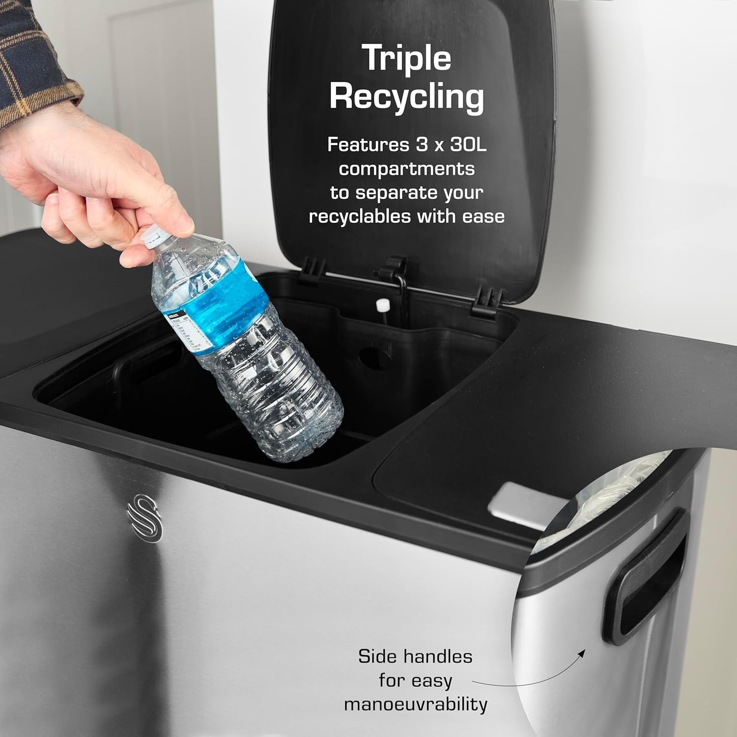 60L Dual Recycling Bin 2x30L Stainless Steel Soft Close Pedal