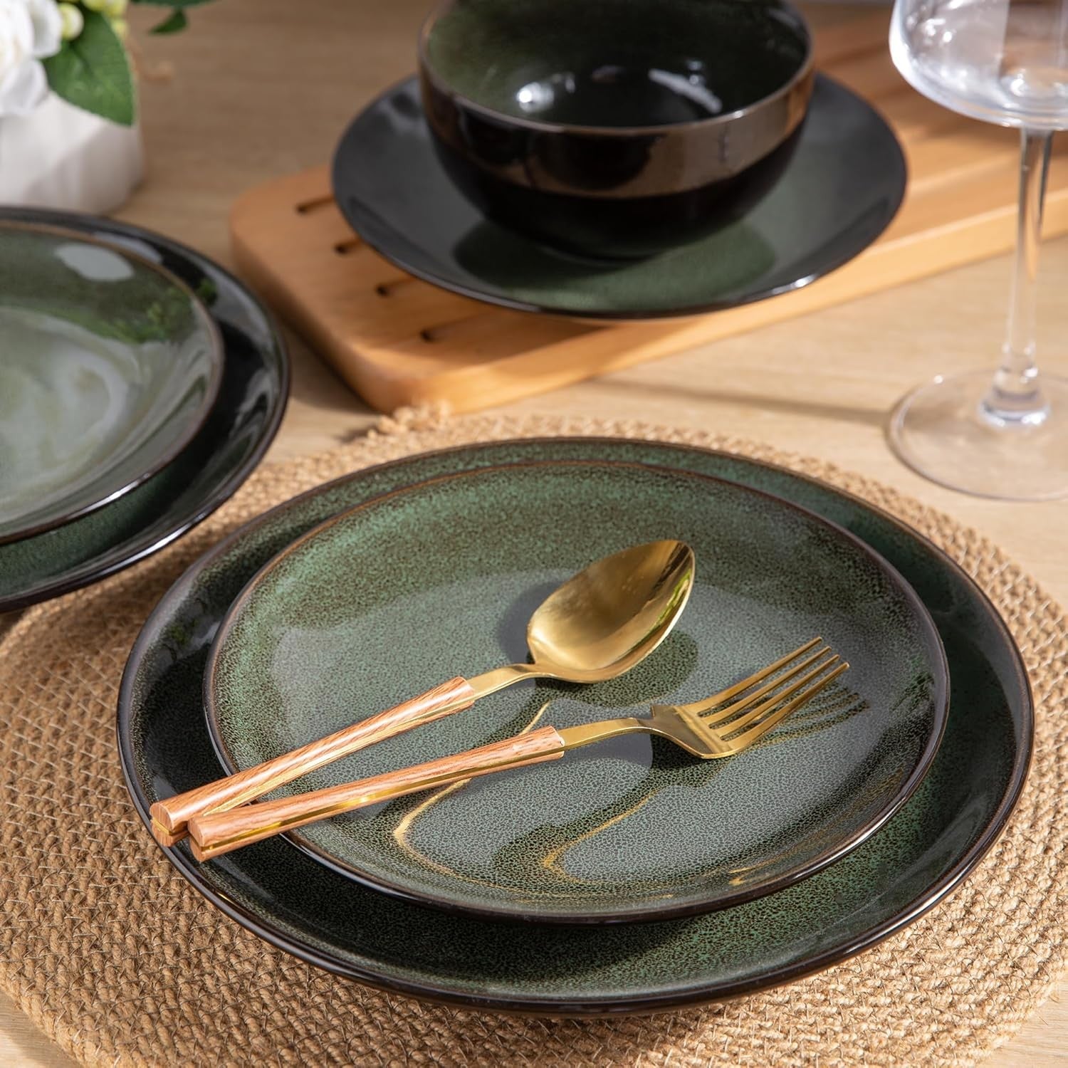 12 Piece Stoneware Dinner Set for 4 Jade Green Reactive Glaze Plates Bowls