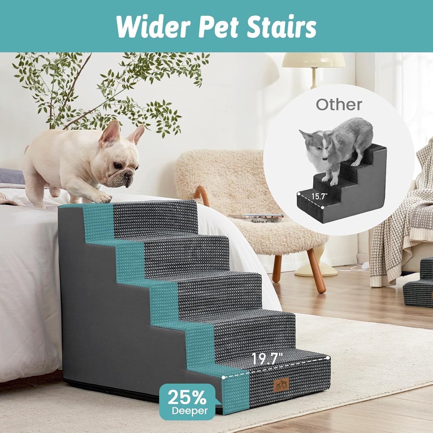 Wide Dog Stairs Non-Slip Pet Steps 4 Small Dogs Cats Puppy 75x50x60cm Dark Grey
