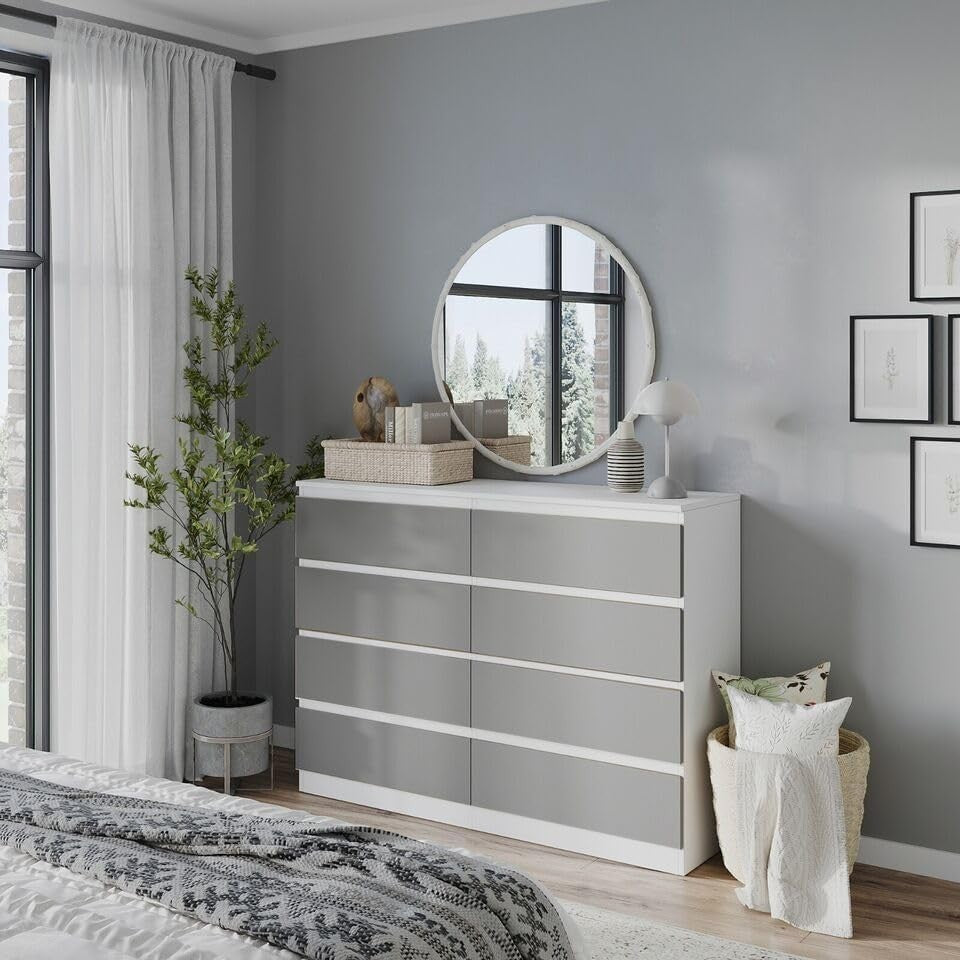 Modern White & Grey 8-Drawer Chest Bedroom Storage Cabinet Office Organizer