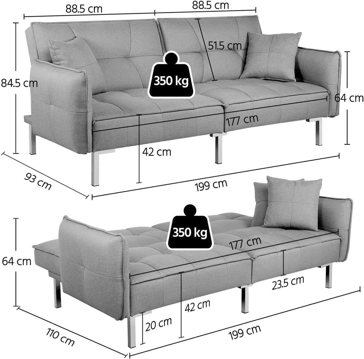 Grey Sofa Bed 3 Seater Click Clack Recliner with Arms & Cushions