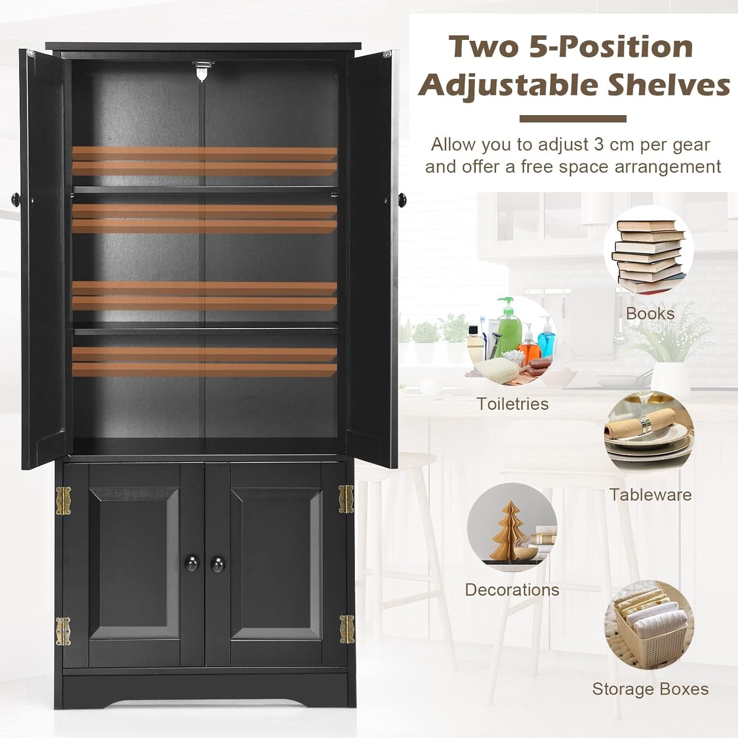 Black Wood Storage Cabinet 4 Door Cupboard | Adjustable Shelves Freestanding Uni