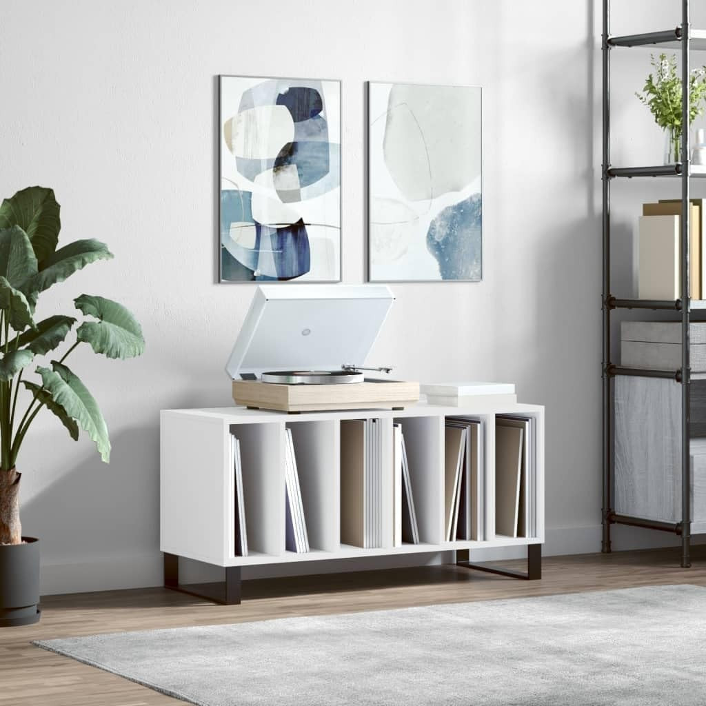 White Vinyl Record Cabinet w/ Iron Legs – Modern LP Storage Sideboard Unit