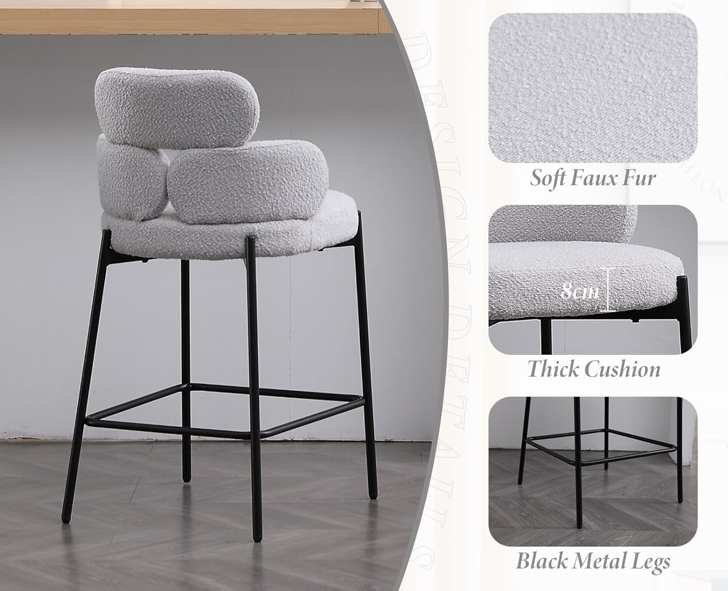 Modern Bar Stools 2pcs Grey Faux Fur Counter Kitchen Chairs