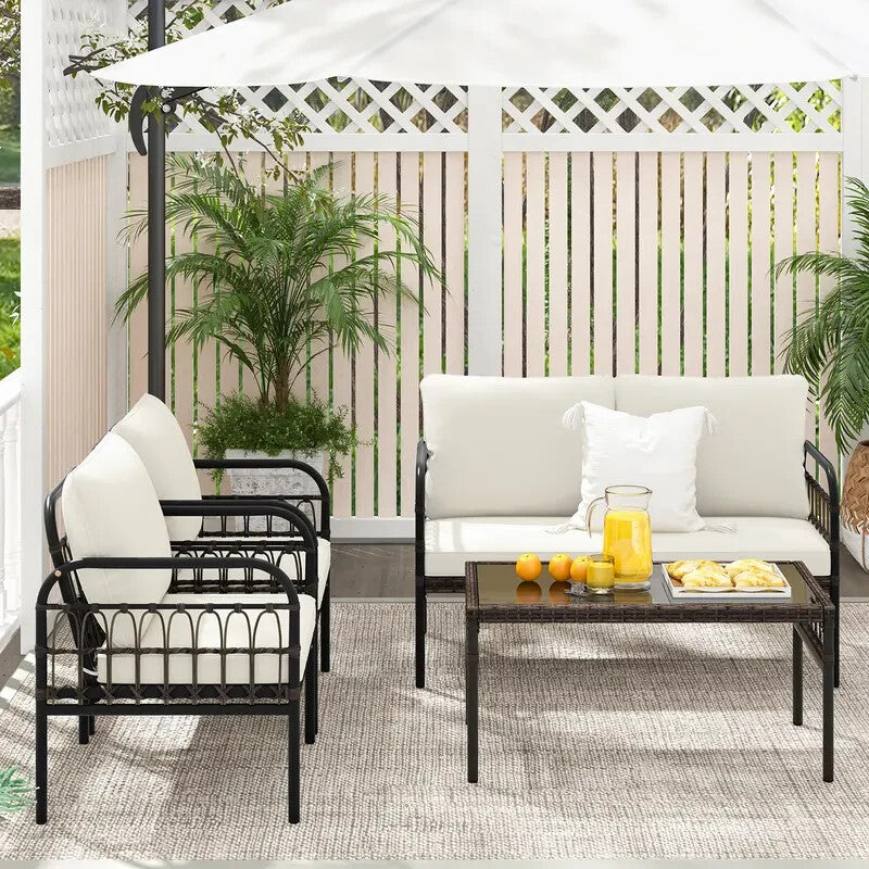 4PC Garden Patio Furniture Set – Rattan Chairs, Loveseat & Glass Table