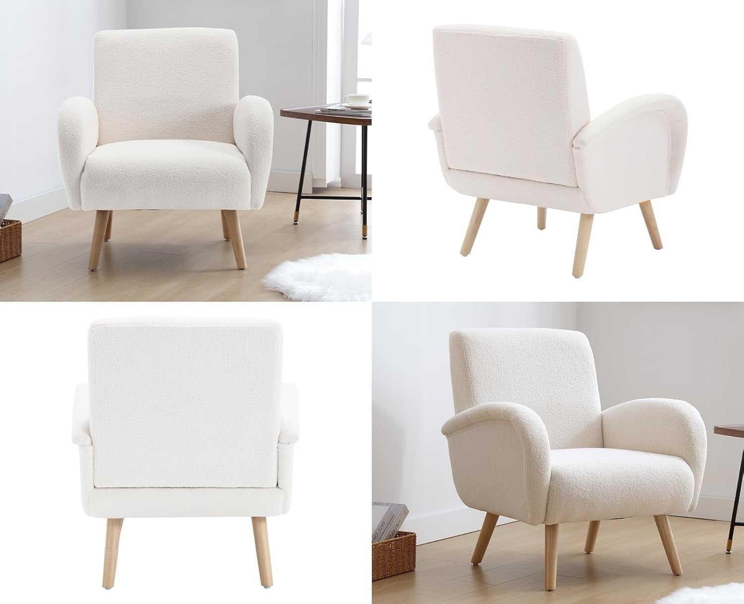 Faux Fur Accent Armchair White Lounge Chair High Back Wood Legs Modern