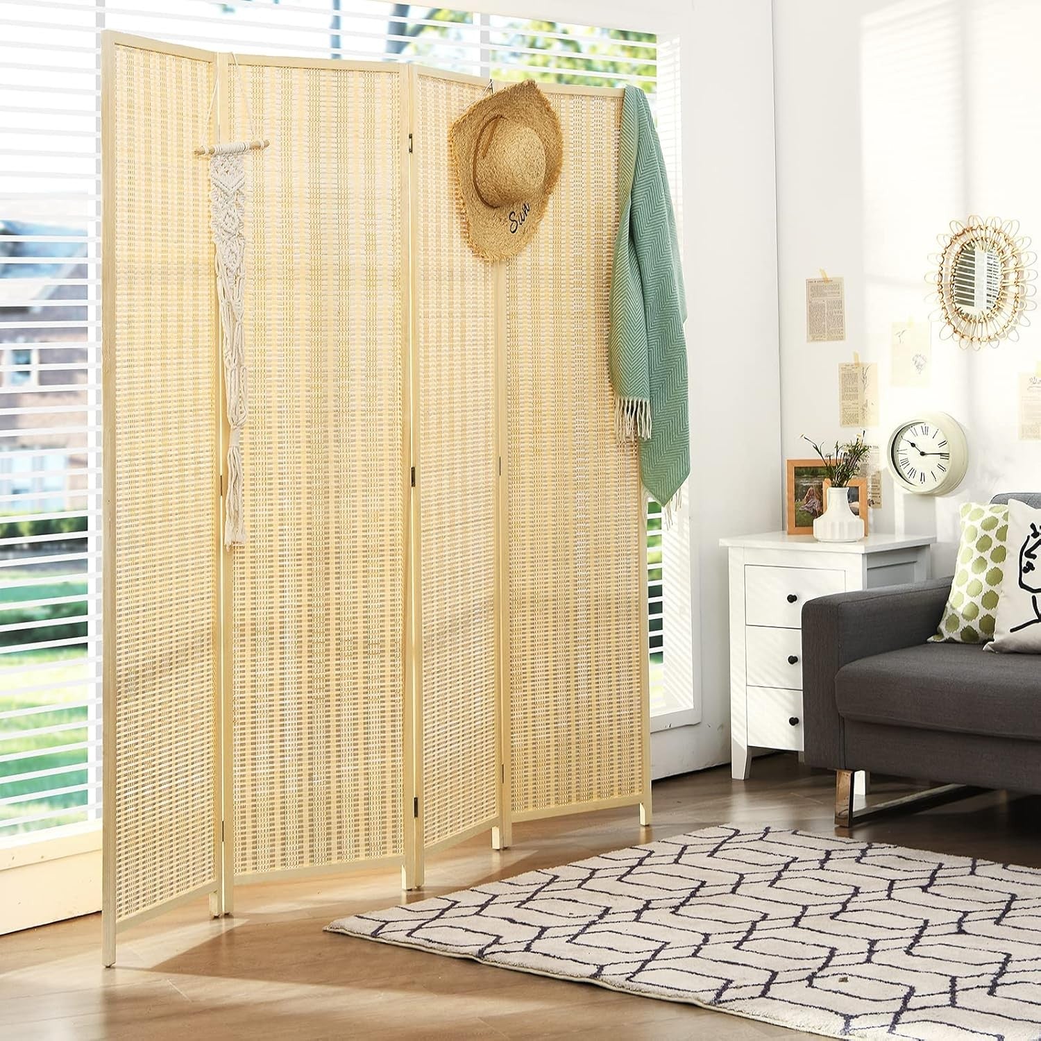 4 Panel Bamboo Folding Room Divider Natural Privacy Screen for Bedroom Office