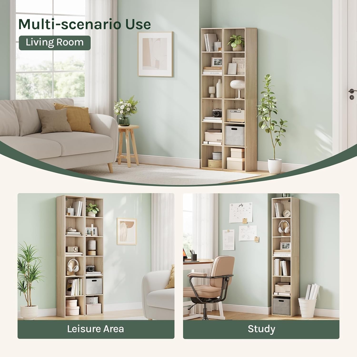 Tall Oak Bookcase 6 Cube Shelf Unit Modern Slim Storage for Living Room Bedroom