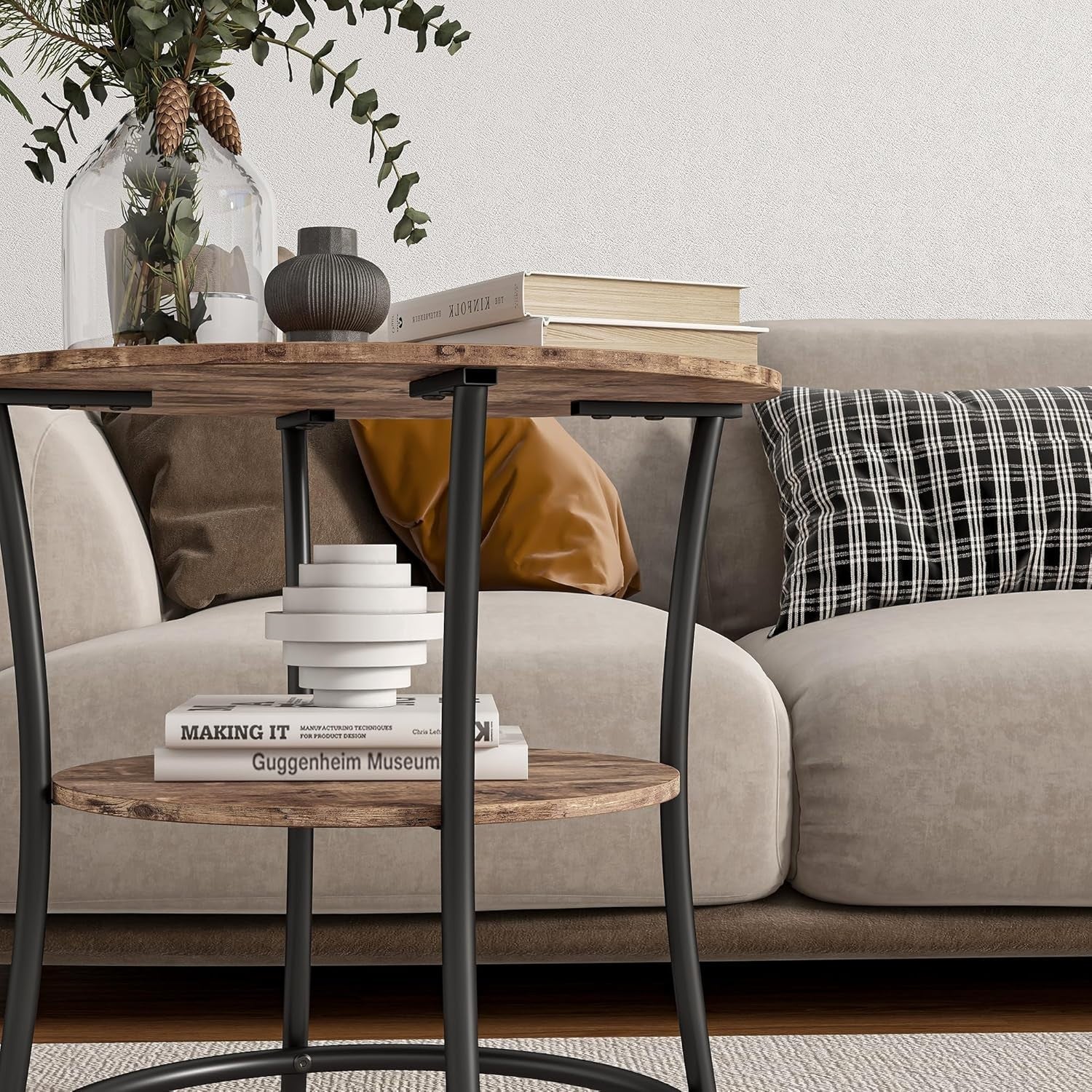 Round 2-Tier Rustic Brown Side Table, 55cm Coffee Table with Storage Shelf