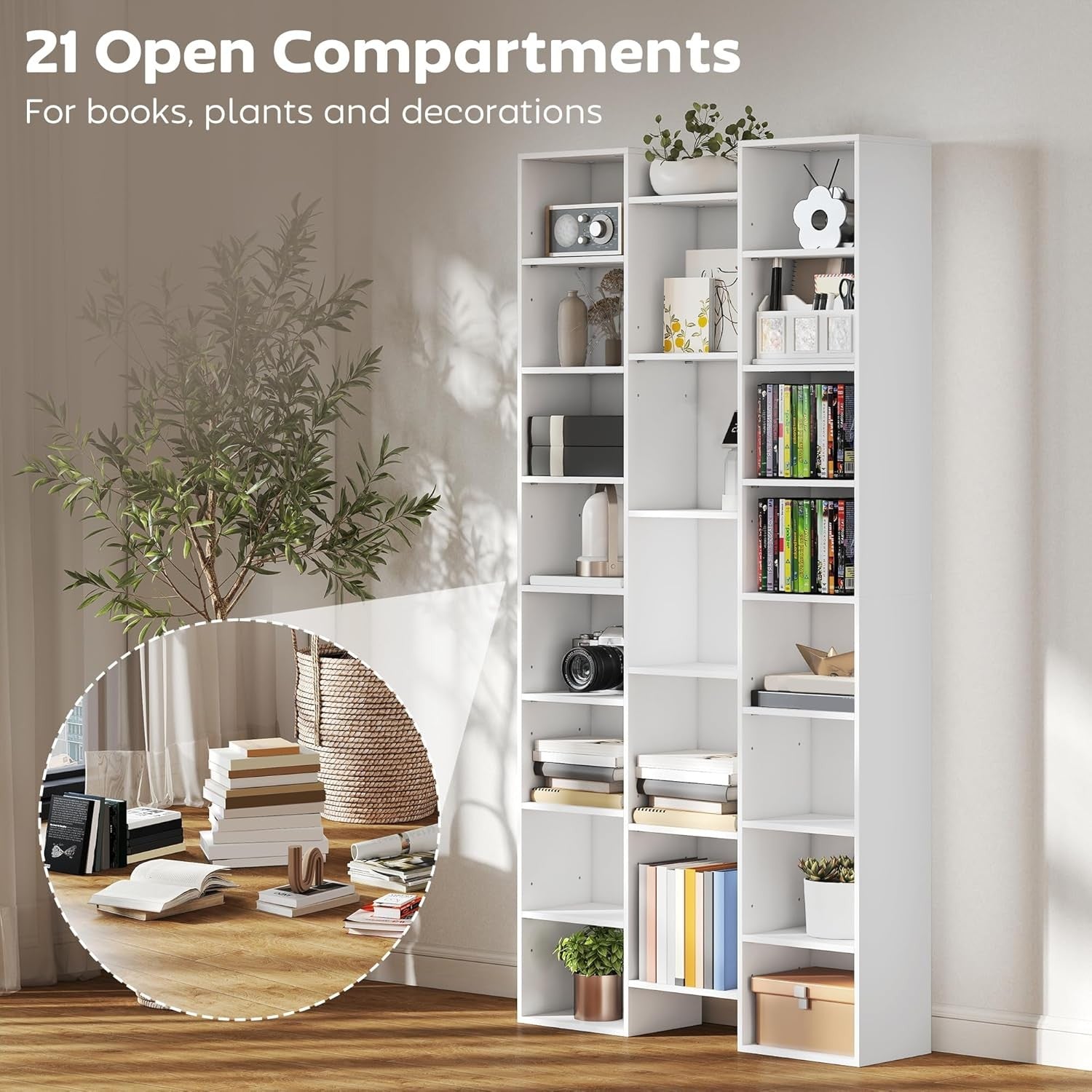 Tall 21-Cube White Bookcase Adjustable Shelves Modern Storage Unit for Home Offi